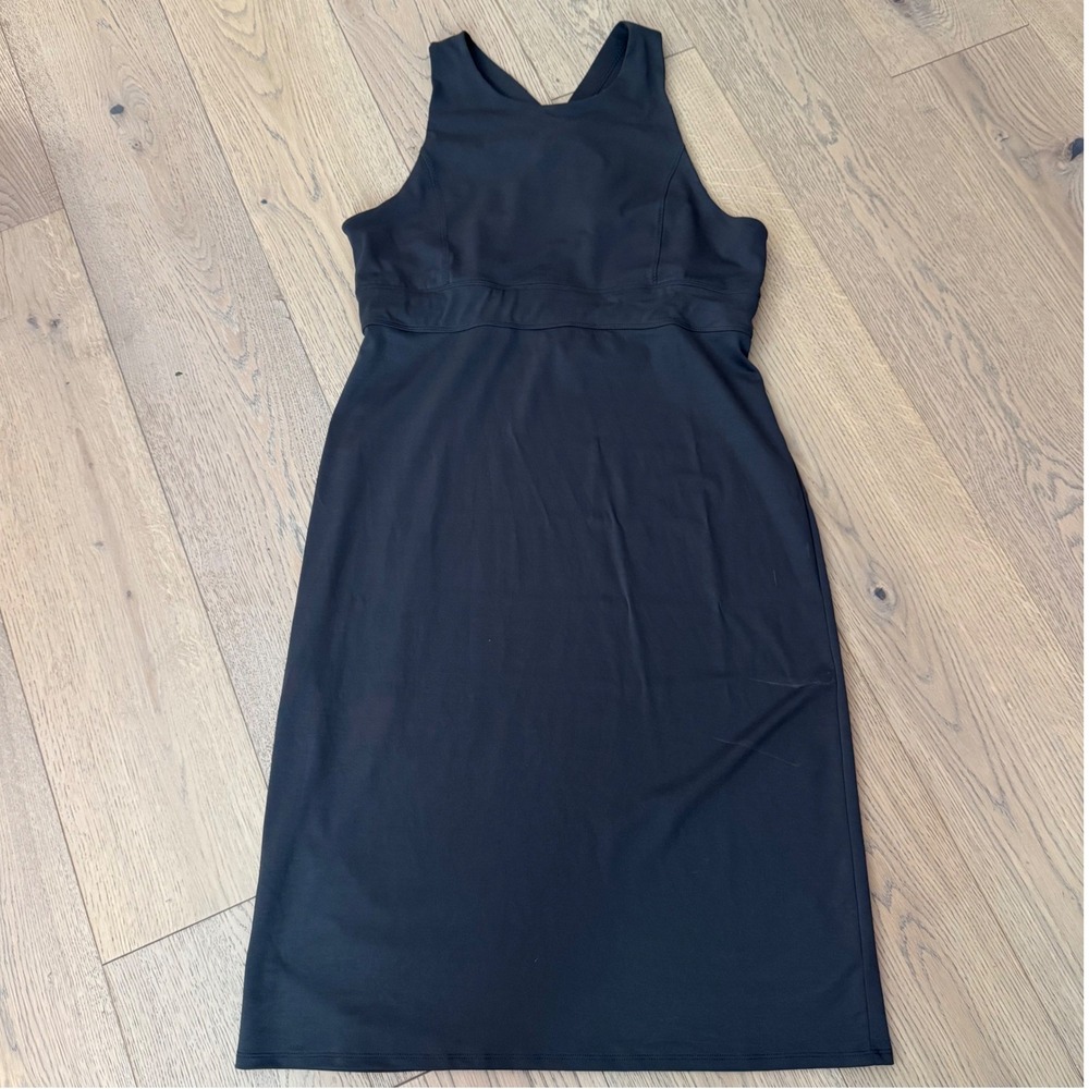 Athleta Santorini Dress Womens XL Black Tencel Blend Cross Back Midi 777122-02